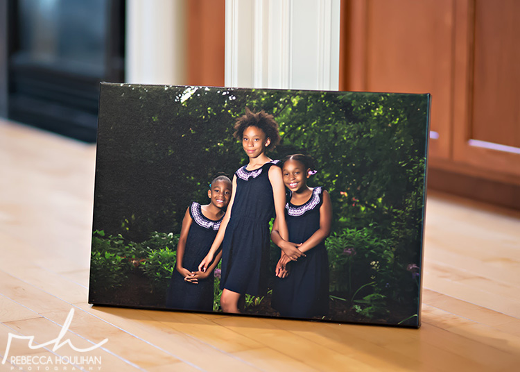 michigan sisters pose in garden for gallery wrap canvas display piece
