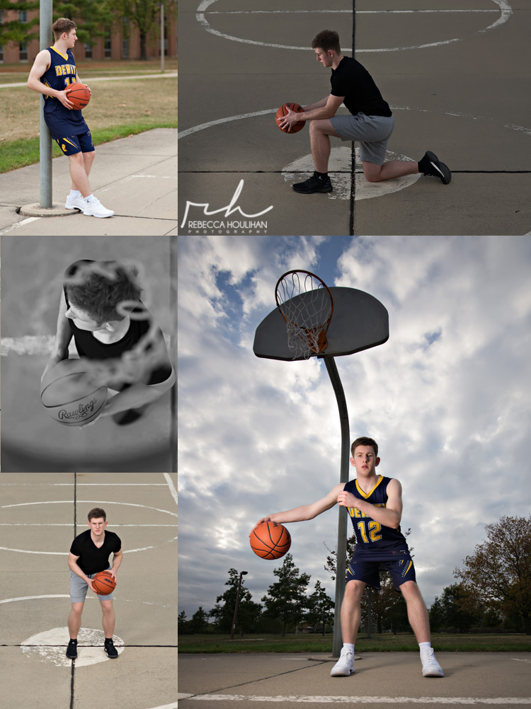 senior pictures of Dewitt senior taken on basketball court in Lansing, MI