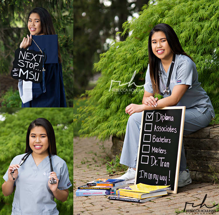 senior pictures with cap and gown at MSU gardens in the spring of East Lansing Mi