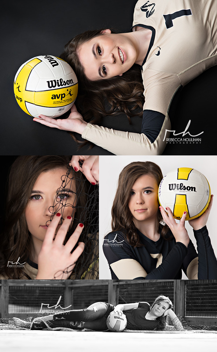Holt High school senior with her volleyball and net with creative photographer in studio