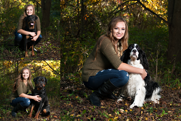 senior pictures Lansing Michigan with dogs in the woods