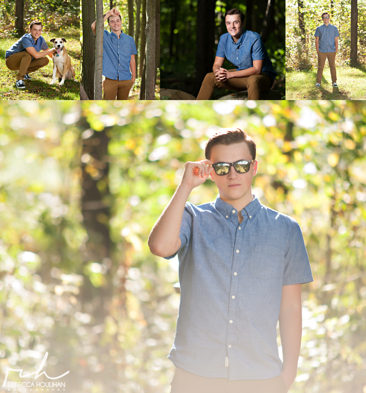senior guy Okemos high school pictures in the woods